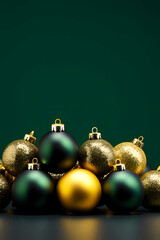 Wall Mural - Luxury concept of Christmas decoration balls and ornaments on dark green background. Close up shot. Elegant New Year's creative concept.