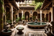 A Tranquil Courtyard Within A Traditional Home, Adorned With Ornate Fountains And Delicate Sculptures 