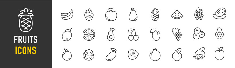 Fruits web icons in line style. Banana, mango, pear, apple, papaya, pineapple, avocado, longan, orange, collection. Vector illustration.