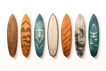 Vintage Wooden Fishboard Surfboards: Retro-inspired collection isolated on white with clipping path for object