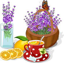 Cup With Tea And Lavender.Vector Illustration With A Cup Of Tea, A Lemon And A Bouquet Of Lavender In A Basket.