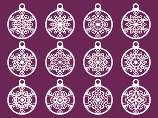 Wall Mural - Set of laser cut Christmas balls with snowflake cutout of paper Sample Template for Christmas card, invitation for Christmas party For laser or plotter cutting printing serigraphy