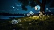 Illustration of dandelions blowing in the wind at night