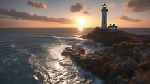 Lighthouse At Sunset On A Rocky Shore, With A Small Lighthouse Keeper Home Next To It