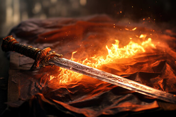 Poster - Background of a illustration of a medieval sword in a fiery environment Generative AI
