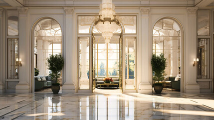 Wall Mural - Lobbies with floor-to-ceiling white marble, reflecting abundant light,