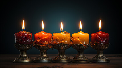 Wall Mural - three burning candles on black background