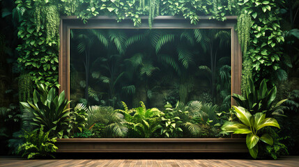 Perspective of a frame mock-up beside indoor greenery