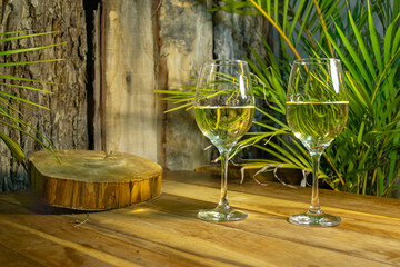 dos copas de vino blanco sobre una mesa de madera, ambiente tropical y rústico