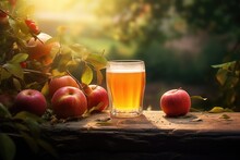 Homemade apple cider vinegar or juice in glass. Healthy organic food, fermented fruit drink. Autumn  harvest concept. Sunny orchard background with copy space 