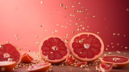 Grapefruits with golden confetti. Festive pink background.