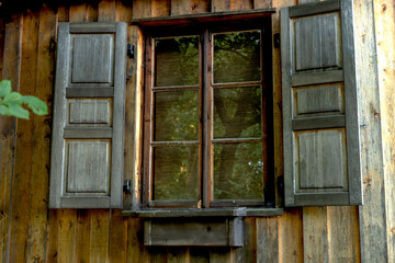 Sticker - Old Vintage Wooden House Window,wood window open of an old wooden house