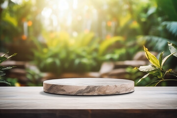 Wall Mural - Empty marble stone table in front of blurred terrace interior background. Product placement background for mockups.