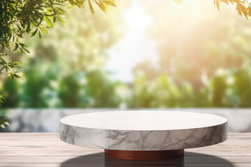 Wall Mural - Empty marble stone table in front of blurred living room background. Product placement background for mockups.