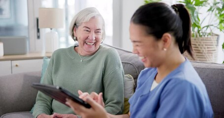 Poster - Tablet, consulting and nurse with old woman on sofa for medical, help and communication. Healthcare, retirement and support with caregiver and patient in nursing home for insurance and advice