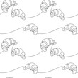 French croissant icon background. Line continuous  seamless pattern vector. Cartoon linear pastry backdrop. Dessert doodle illustration. Kitchen wallpaper, bakery print, graphic design, card, banner.