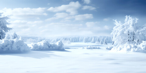 winter snowy landscape with plain, forest, blue sky on a sunny clear day