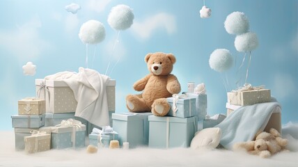 a beautifully arranged stack of baby diapers on a table, accompanied by an adorable toy teddy bear. The scene is set with delicate touches for both boys and girls, offering a charming backdrop