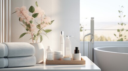 Wall Mural - a soap dispenser, spa towel, and other bathroom accessories meticulously arranged on a pristine pastel countertop within a minimalist, white bathroom. The scene exudes the tranquility of a spa retreat