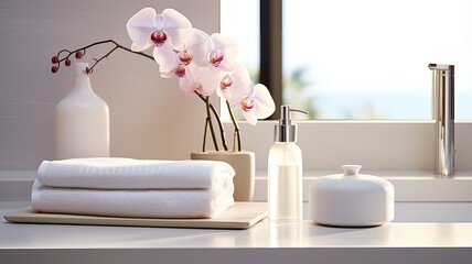 Wall Mural - a soap dispenser, spa towel, and other bathroom accessories meticulously arranged on a pristine pastel countertop within a minimalist, white bathroom. The scene exudes the tranquility of a spa retreat