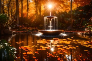 Canvas Print - Within the heart of the autumn jungle, a water fountain exudes tranquility. AI Generative