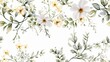 © lililia - a delicate white paint texture adorned with meticulously arranged flowers, herbs, and leaves. The composition serves as a captivating background SEAMLESS PATTERN. SEAMLESS WALLPAPER.