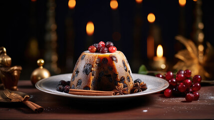 Generative AI, traditional english christmas pudding, raisin cupcake, new year baking, festive food, feast, dinner, delicious gourmet cake, dessert, candles, home atmosphere, space for text