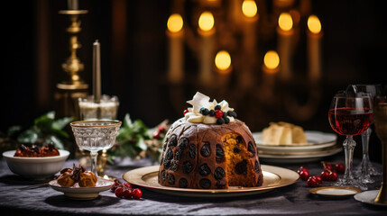 Generative AI, traditional english christmas pudding, raisin cupcake, new year baking, festive food, feast, dinner, delicious gourmet cake, dessert, candles, home atmosphere, space for text