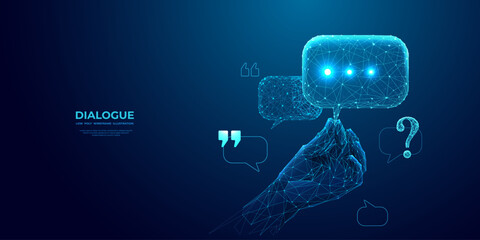 Abstract digital close-up hand holding speech ballon on technology blue background. Chatbot or social media concept in low poly wireframe futuristic style. Question mark, quote, or dialogue icons.