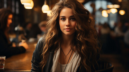 portrait beautiful woman with curly hair in cafe