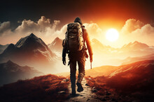 Hiker Goes Against Sky And Sun. Hiking Concept. Created With Generative AI Technology