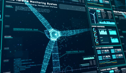 Futuristic wind turbine energy control center interface design, digital data network battery management system, green renewable power technology software, engineering iot HUD information 3d rendering