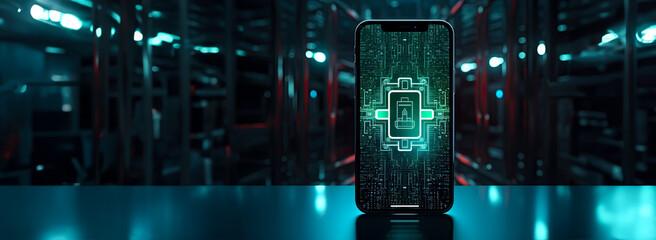 Smartphone with digital or technical background, concept of security or hacking and software for mobile phones. 