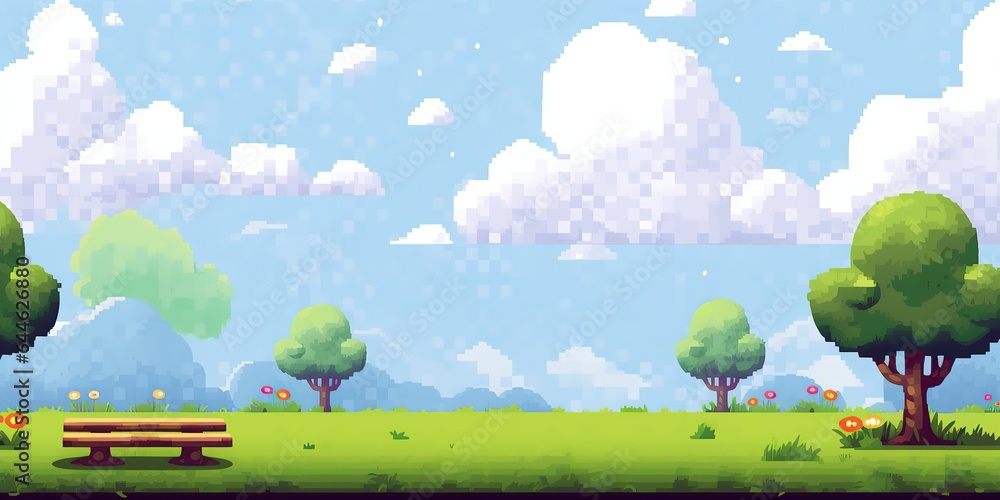 Pixel art arcade game scene with trees, clouds, board, stones, 8bit ...