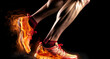 Sport. Runner. Side view of a jogger legs with the power in the veins isolated on black. Fire and energy. generative AI