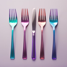 Set Of Cutlery Of Plastic Disposable Colourful Party Spoon, Fork Knife On Transparent Background. Mockup Template For Artwork Design. Blue Green Purple