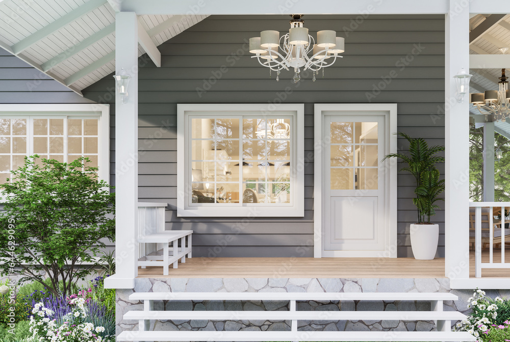 Modern luxury front home entrance porch 3d render with gray wooden ...