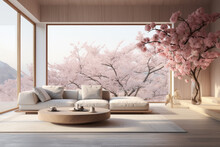 The Living Room Offers A Beautiful View Of Cherry Blossoms Blooming From The Large Windows. A Table Made From A Huge Natural Tree And A Sofa Made Of Organic Materials. Healing And Relaxation Concept.