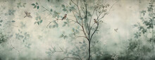 Drawing Pattern Wallpaper Of A Forest Landscape With Birds, Butterflies And Trees, In Colors Consistent Forest For Wall