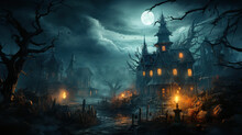 Old wooden haunted house in spooky town, moon at scary Halloween night