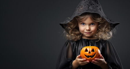 Wall Mural - Adorable child, cute little girl on dark gray background on Halloween