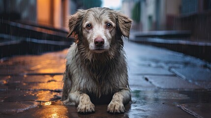 Street dog look at the camera with a pitying look. Lonely and abandoned sad puppy on the city street. Waiting for his master. Loyal furry friend. Illustration for cover, card, interior design or print