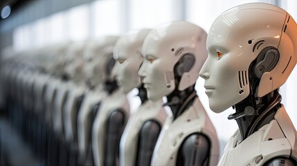 A large warehouse stock of robots in production with a selective focus on one cyborg. Robotic army of the future. Artificial intelligence. Science fiction. Illustration in technological style.