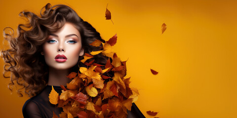 Wall Mural - Stunning woman with fall leaves on yellow autumn background