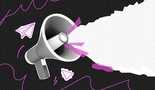 Trendy Retro Collage With Megaphone And Paper Cut Out Space For Announcing Promotion. Vector Loudspeaker With Halftone Elements. Vintage Pop Art Composition Banner