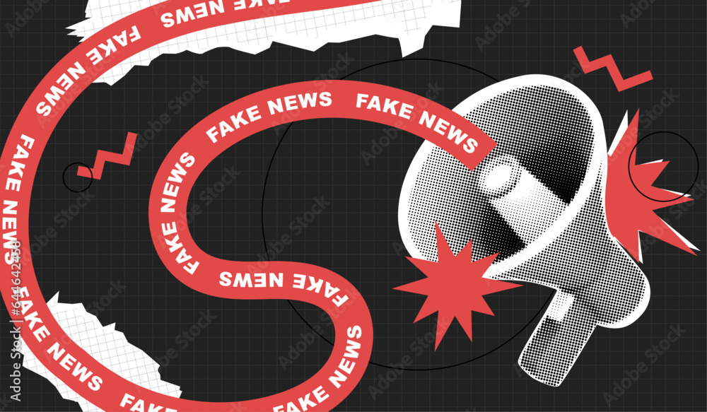 Trendy retro art collage with megaphone and fake news concept. Halftone ...