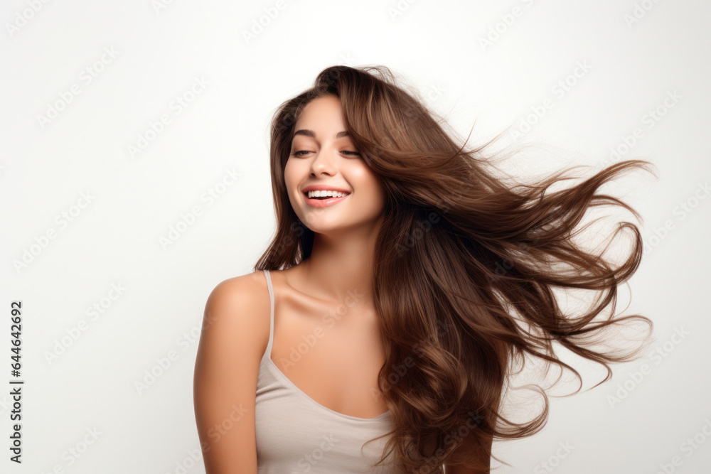 Beautiful Young Woman With Thick Flowing Long Brown Hair on a White ...