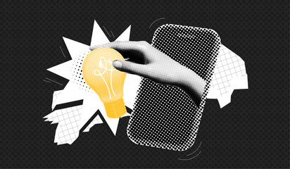 Wall Mural - Trendy Halftone Collage Phone and Hand holding Lightbulb. Business idea and solutions. Contemporary art collage. Vector retro magazine illustration with cut out paper elements