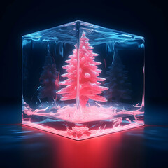 Wall Mural - Christmas tree in the ice cube. Minimal, elegant concept. Fluorescent neon electric lights. Creative futuristic concept on dark background. 3D Illustration.