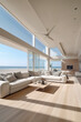 © Starmarpro - Sea view empty large living room of luxury summer beach house with swimming pool near wooden terrace. Big white wall background in vacation home or holiday villa. Hotel interior 3d illustration. High